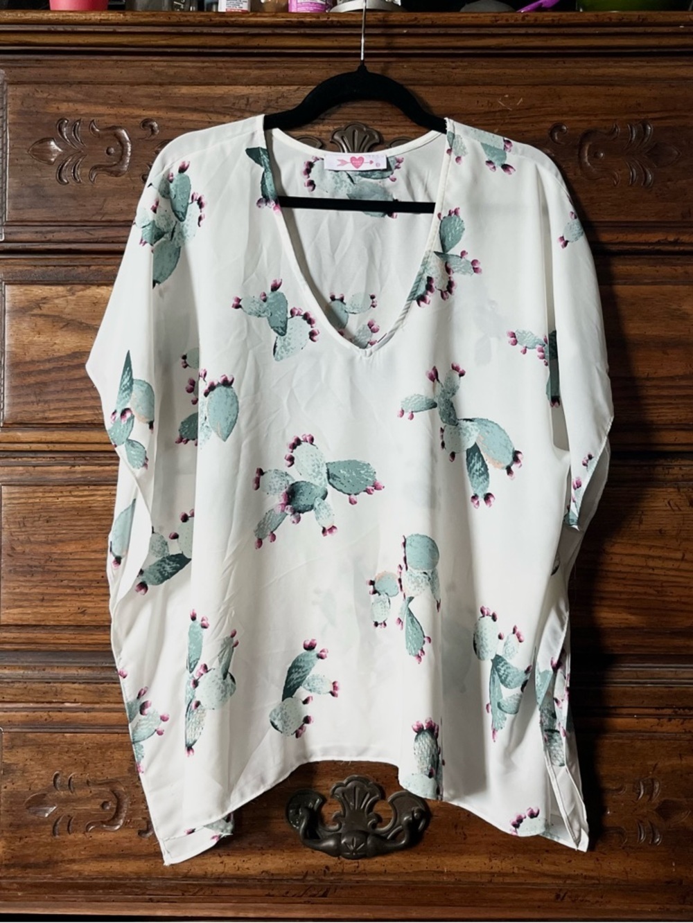 Buddy Love Cream V-Neck Tunic with Green Cactus Print and Pink Accents